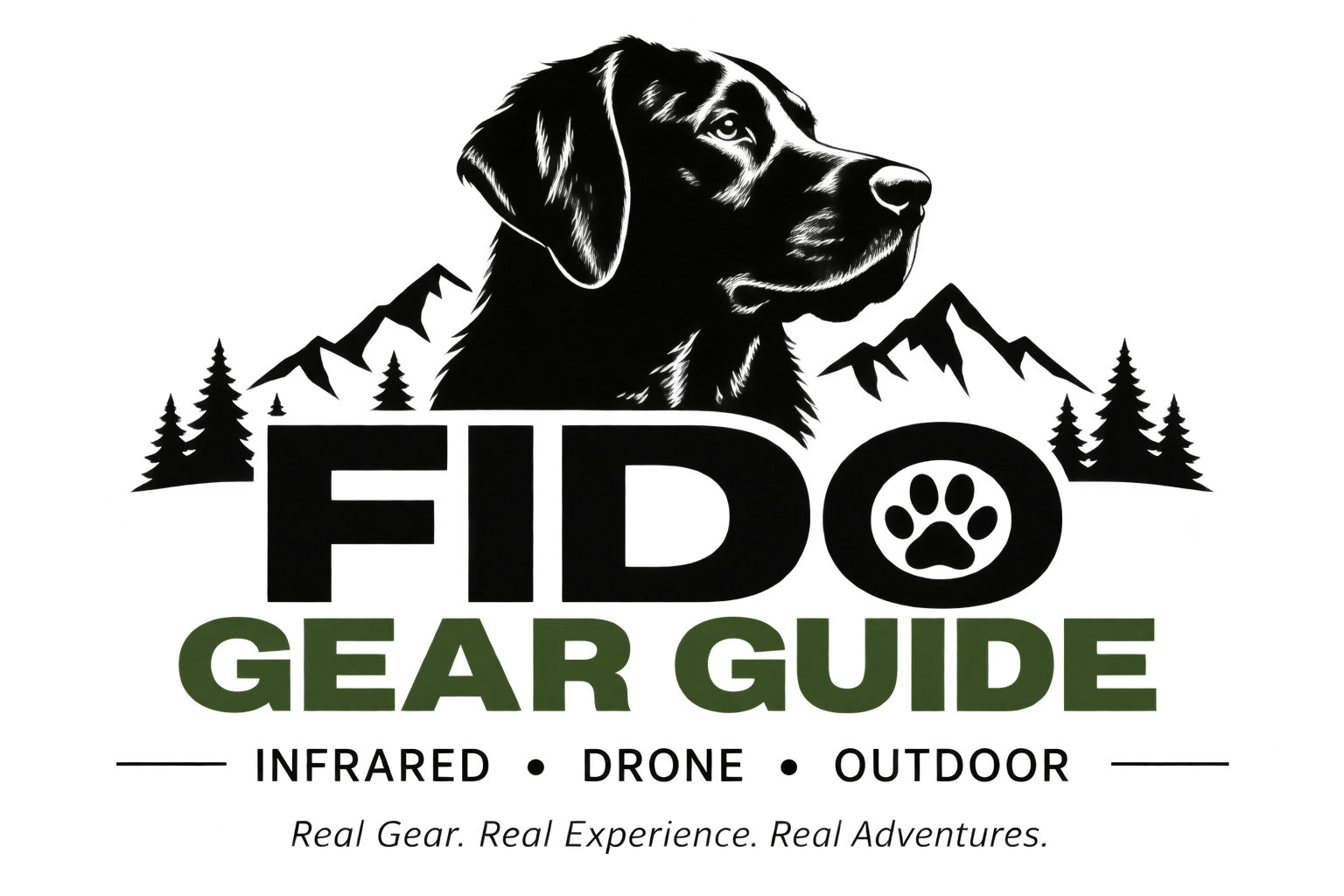 FIDO Gear Guide — dog silhouette with a paw print in the O. Infrared, Drone, Outdoor.